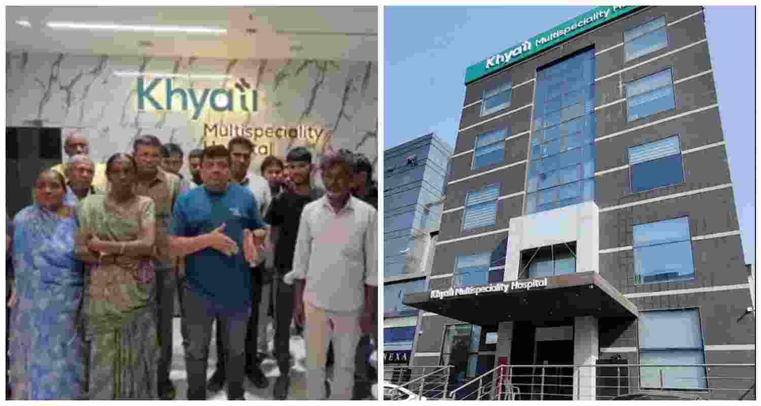 Survivors and families of deceased patients protest outside Ahmedabad’s Khyati Hospital after alleged fraudulent operations under the PMJAY scheme (L). Khyati Hospital in Ahmedabad (R). Survivors and families of deceased patients protest outside Ahmedabad’s Khyati Hospital after alleged fraudulent operations under the PMJAY scheme (L). Khyati Hospital in Ahmedabad (R).