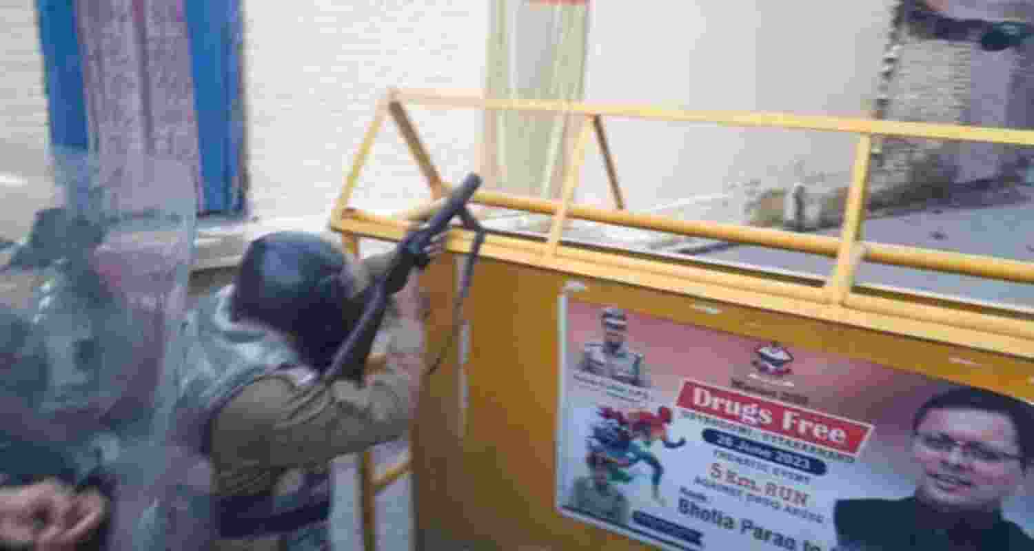 Security personnel at the site after a group of protestors hurled stones and set vehicles on fire, over the demolition of an "illegally built" madrasa at Banbhoolpura area, in Haldwani. Security personnel at the site after a group of protestors hurled stones and set vehicles on fire, over the demolition of an "illegally built" madrasa at Banbhoolpura area, in Haldwani.