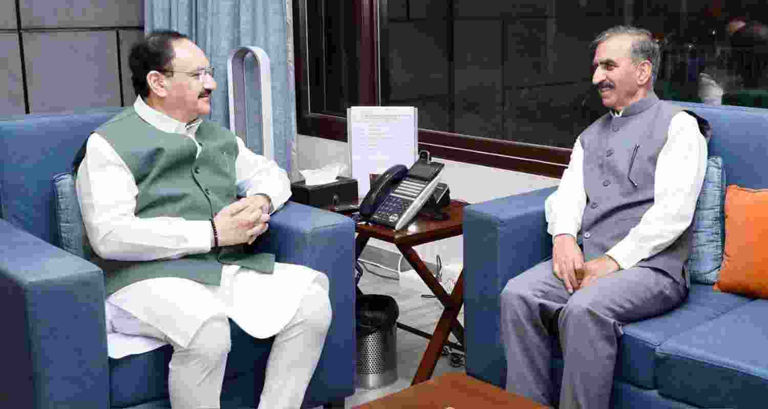 Himachal Chief Minister Thakur Sukhvinder Singh Sukhu meets Union Minister for Health and Family Welfare Jagat Prakash Nadda at his residence in New Delhi. Himachal Chief Minister Thakur Sukhvinder Singh Sukhu meets Union Minister for Health and Family Welfare Jagat Prakash Nadda at his residence in New Delhi.