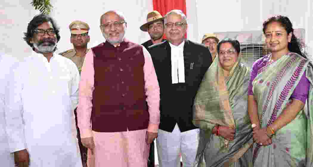 Jharkhand Chief Justice BR Sarangi along with Governor CP Radhakrishnan, Chief Minister Hemant Soren and others after swearing in ceremony at Raj Bhawan in Ranchi on Friday. Jharkhand Chief Justice BR Sarangi along with Governor CP Radhakrishnan, Chief Minister Hemant Soren and others after swearing in ceremony at Raj Bhawan in Ranchi on Friday.