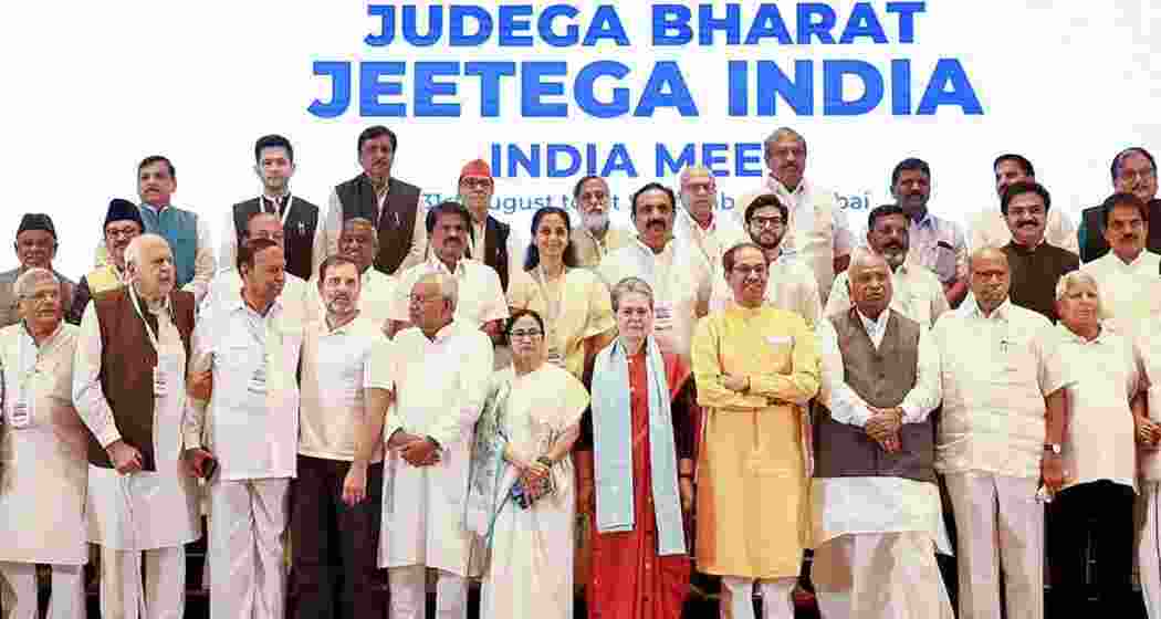 Opposition's INDIA bloc leaders pose for a group photograph ahead of their meeting in Mumbai on September 1, 2023. Opposition's INDIA bloc leaders pose for a group photograph ahead of their meeting in Mumbai on September 1, 2023.