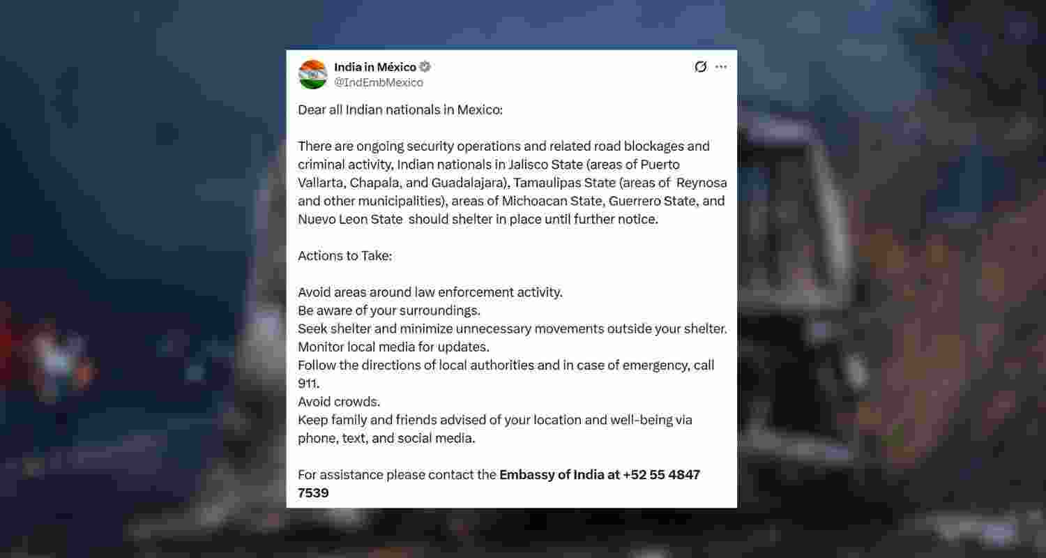 Indian Embassy in Mexico urges nationals to stay indoors and exercise caution after violence escalates following the killing of cartel leader El Mencho. Indian Embassy in Mexico urges nationals to stay indoors and exercise caution after violence escalates following the killing of cartel leader El Mencho.