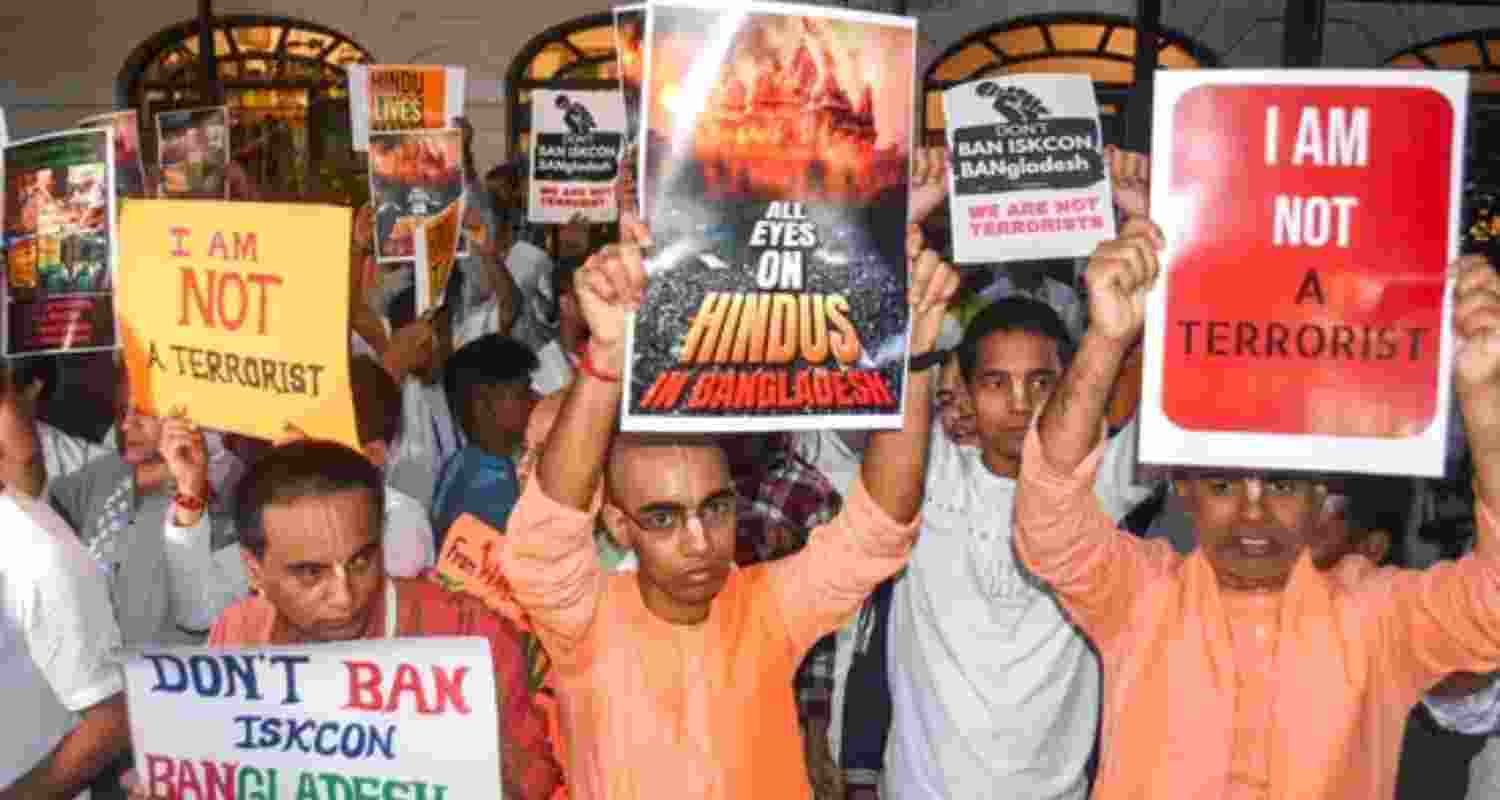 Iskcon members protest over arrest of Hindu monk Chinmoy Krishna Das in Bangladesh Iskcon members protest over arrest of Hindu monk Chinmoy Krishna Das in Bangladesh