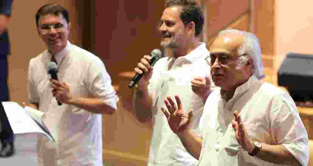 Congress leaders Jairam Ramesh, Pawan Khera, and Rahul Gandhi at a press briefing in New Delhi. (File photo) Congress leaders Jairam Ramesh, Pawan Khera, and Rahul Gandhi at a press briefing in New Delhi. (File photo)