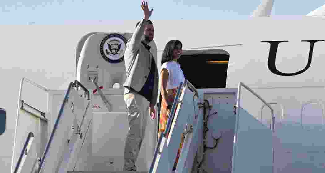 U.S. Vice President JD Vance, left, departs Jaipur, India en route to Joint Base Andrews, Md., Thursday, April 24, 2025. U.S. Vice President JD Vance, left, departs Jaipur, India en route to Joint Base Andrews, Md., Thursday, April 24, 2025.