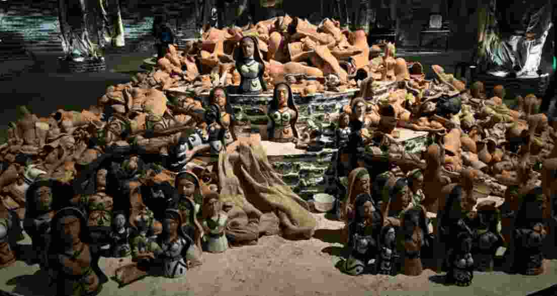 The Dakshindari Youths’ Durga Puja theme, Dahan (The Burning), has transformed art into a searing social commentary. The Dakshindari Youths’ Durga Puja theme, Dahan (The Burning), has transformed art into a searing social commentary.