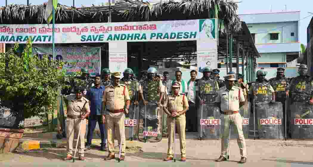 Andhra Pradesh police personnel on duty in Amaravati.
Andhra Pradesh police personnel on duty in Amaravati.