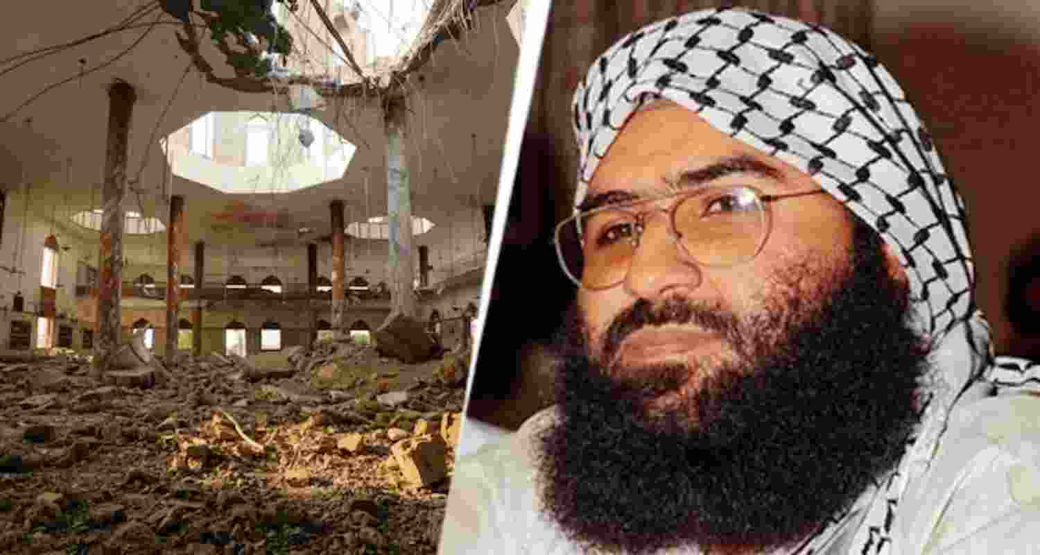 The destroyed Bahawalpur mosque and Masood Azhar. The destroyed Bahawalpur mosque and Masood Azhar.
