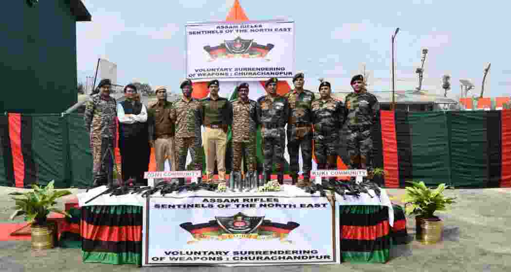 Illegal ams and ammunition surrendered by members of the Zomi and Kuki communities in Manipur to security forces. Illegal ams and ammunition surrendered by members of the Zomi and Kuki communities in Manipur to security forces.
