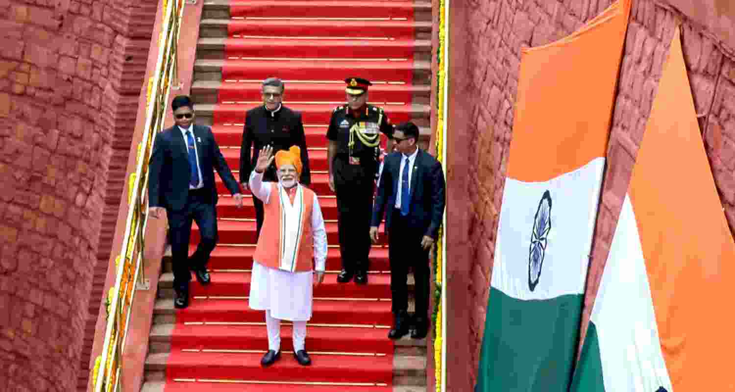 Prime Minister Narendra Modi addresses the nation from the Red Fort on the occasion of the 79th Independence Day, in New Delhi, Friday. Prime Minister Narendra Modi addresses the nation from the Red Fort on the occasion of the 79th Independence Day, in New Delhi, Friday.