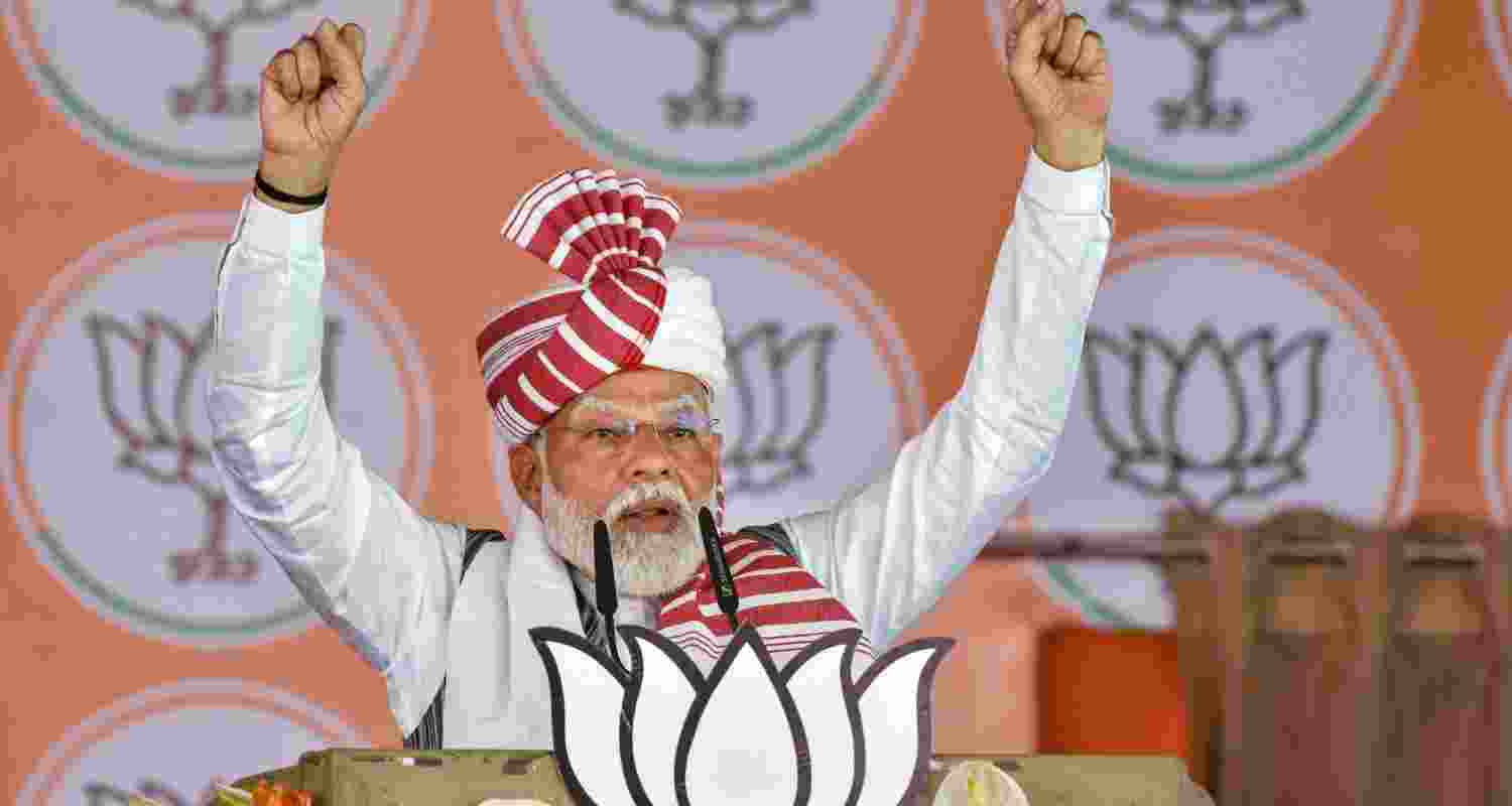 Prime Minister Narendra Modi addresses a gathering at a public meeting for the Lok Sabha polls, in Gumla district on Saturday. Prime Minister Narendra Modi addresses a gathering at a public meeting for the Lok Sabha polls, in Gumla district on Saturday.