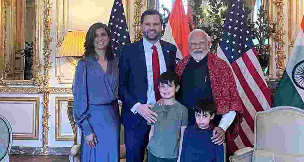 PM Narendra Modi with US Vice President JD Vance and family during his visit to France for the AI Action Summit, where he presented a handcrafted wooden alphabet set to Vance’s daughter. PM Narendra Modi with US Vice President JD Vance and family during his visit to France for the AI Action Summit, where he presented a handcrafted wooden alphabet set to Vance’s daughter.