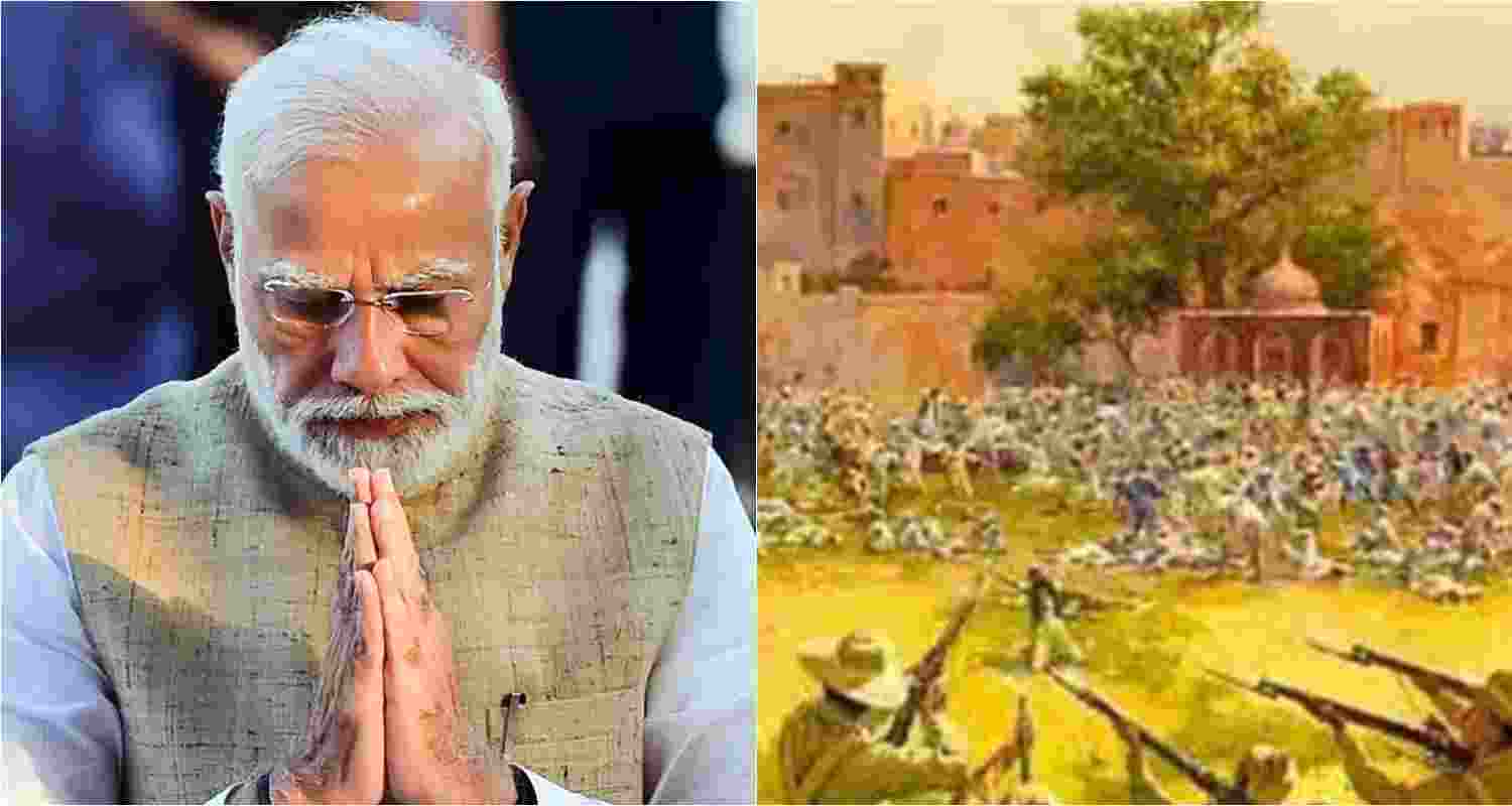 Prime Minister Narendra Modi (left), a representation of the Jallianwala Bagh massacre. Prime Minister Narendra Modi (left), a representation of the Jallianwala Bagh massacre.