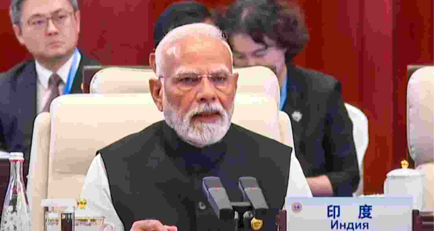 Prime Minister Narendra Modi addresses the plenary session of the 25th SCO Heads of State Council Summit, in Tianjin, China, on September 1. Prime Minister Narendra Modi addresses the plenary session of the 25th SCO Heads of State Council Summit, in Tianjin, China, on September 1.