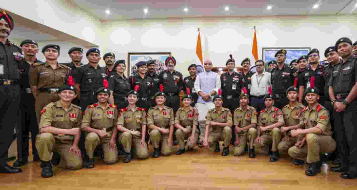 Defence Minister Rajnath Singh on Thursday felicitated members of an expedition team of the National Cadet Corps (NCC) whose members recently summited Mount Everest and successfully unfurled the tricolour there. Defence Minister Rajnath Singh on Thursday felicitated members of an expedition team of the National Cadet Corps (NCC) whose members recently summited Mount Everest and successfully unfurled the tricolour there.
