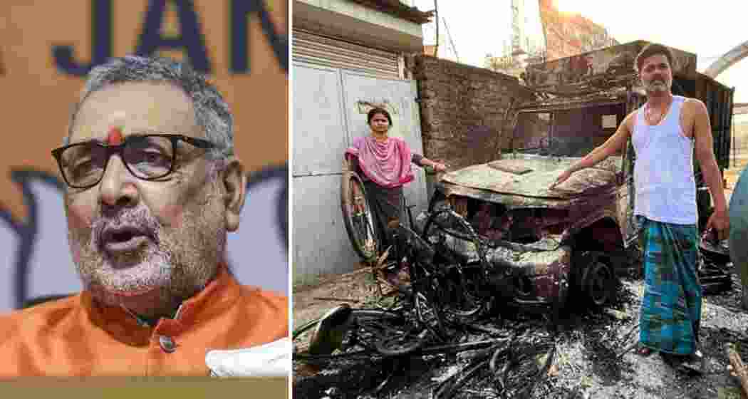 Union Minister Giriraj Singh (left). A couple stands beside the charred remains of their vehicles, allegedly torched by a mob during the Murshidabad unrest. Union Minister Giriraj Singh (left). A couple stands beside the charred remains of their vehicles, allegedly torched by a mob during the Murshidabad unrest.