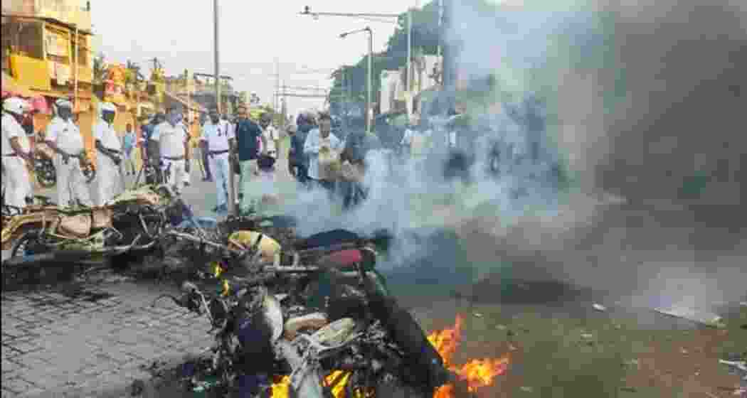 Police vehicles set on fire allegedly by members of Indian Secular Front (ISF) during a protest march to Kolkata over Waqf (Amendment) Act, at Bhangar in South 24 Parganas district, West Bengal, on Monday. Police vehicles set on fire allegedly by members of Indian Secular Front (ISF) during a protest march to Kolkata over Waqf (Amendment) Act, at Bhangar in South 24 Parganas district, West Bengal, on Monday.