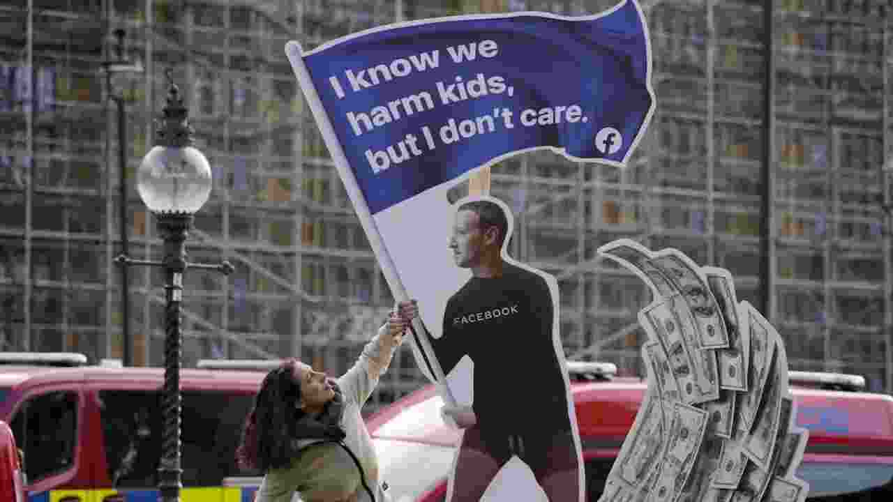 A protestor at an installation outside Westminster in London in October 2021, shortly before Facebook whistleblower Frances Haugen testified about the company’s pursuit of profit. A protestor at an installation outside Westminster in London in October 2021, shortly before Facebook whistleblower Frances Haugen testified about the company’s pursuit of profit.