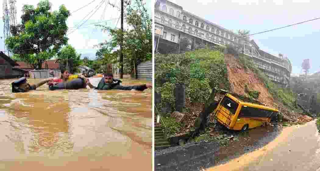 SDRF personnel rescue a woman from a flooded village in Assam’s Golaghat district (L), as a separate scene in Aizawl’s Izoram shows a bus buried under landslide debris (R). SDRF personnel rescue a woman from a flooded village in Assam’s Golaghat district (L), as a separate scene in Aizawl’s Izoram shows a bus buried under landslide debris (R).