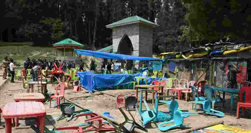 Chairs lying around outside a makeshift shops at Baisaran of Pahalgam where 26 people were killed and several others injured on April 22. Chairs lying around outside a makeshift shops at Baisaran of Pahalgam where 26 people were killed and several others injured on April 22.
