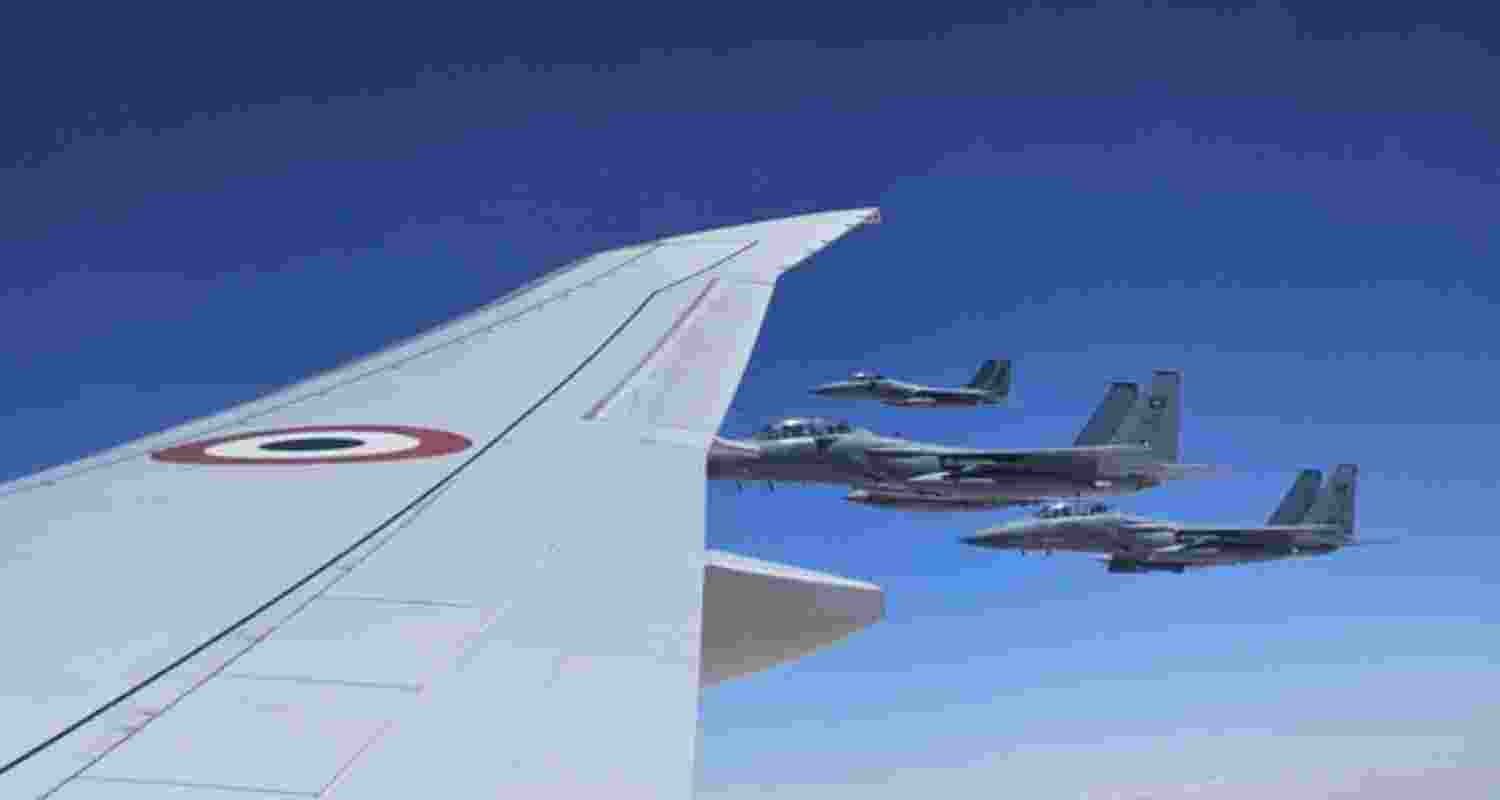 Prime Minister Narendra Modi's aircraft was escorted by F-15s of the Royal Saudi Air Force in the Saudi airspace. Prime Minister Narendra Modi's aircraft was escorted by F-15s of the Royal Saudi Air Force in the Saudi airspace.