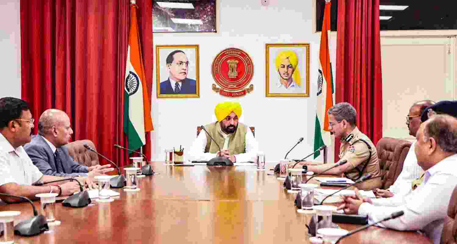 Punjab Chief Minister Bhagwant Mann holds a high-level security meeting with top officials of the Punjab Police to take stock of security arrangements in the state in the wake of the Pahalgam terror attack, in Chandigarh on Wednesday. Punjab Chief Minister Bhagwant Mann holds a high-level security meeting with top officials of the Punjab Police to take stock of security arrangements in the state in the wake of the Pahalgam terror attack, in Chandigarh on Wednesday.