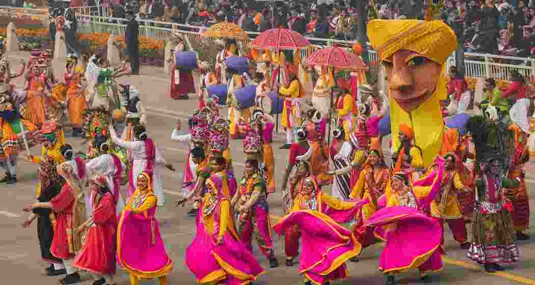 Women folk artists perform during the 75th Republic Day parade at the Kartavya Path. (Image: PTI)
Women folk artists perform during the 75th Republic Day parade at the Kartavya Path. (Image: PTI)