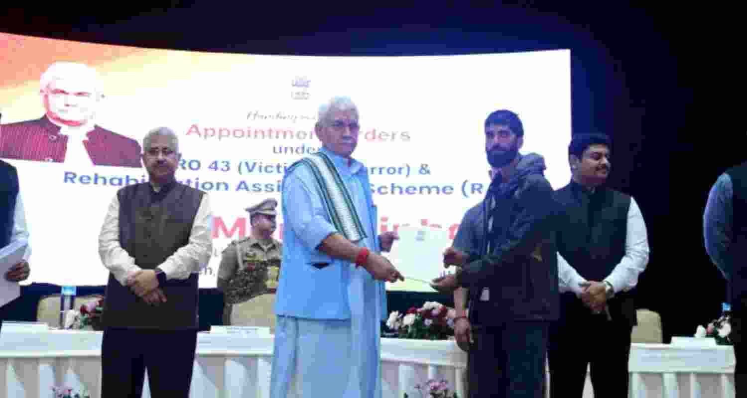 J&K LG Manoj Sinha distributing appointment letters to NOKs of terror victims in Jammu on Monday. J&K LG Manoj Sinha distributing appointment letters to NOKs of terror victims in Jammu on Monday.