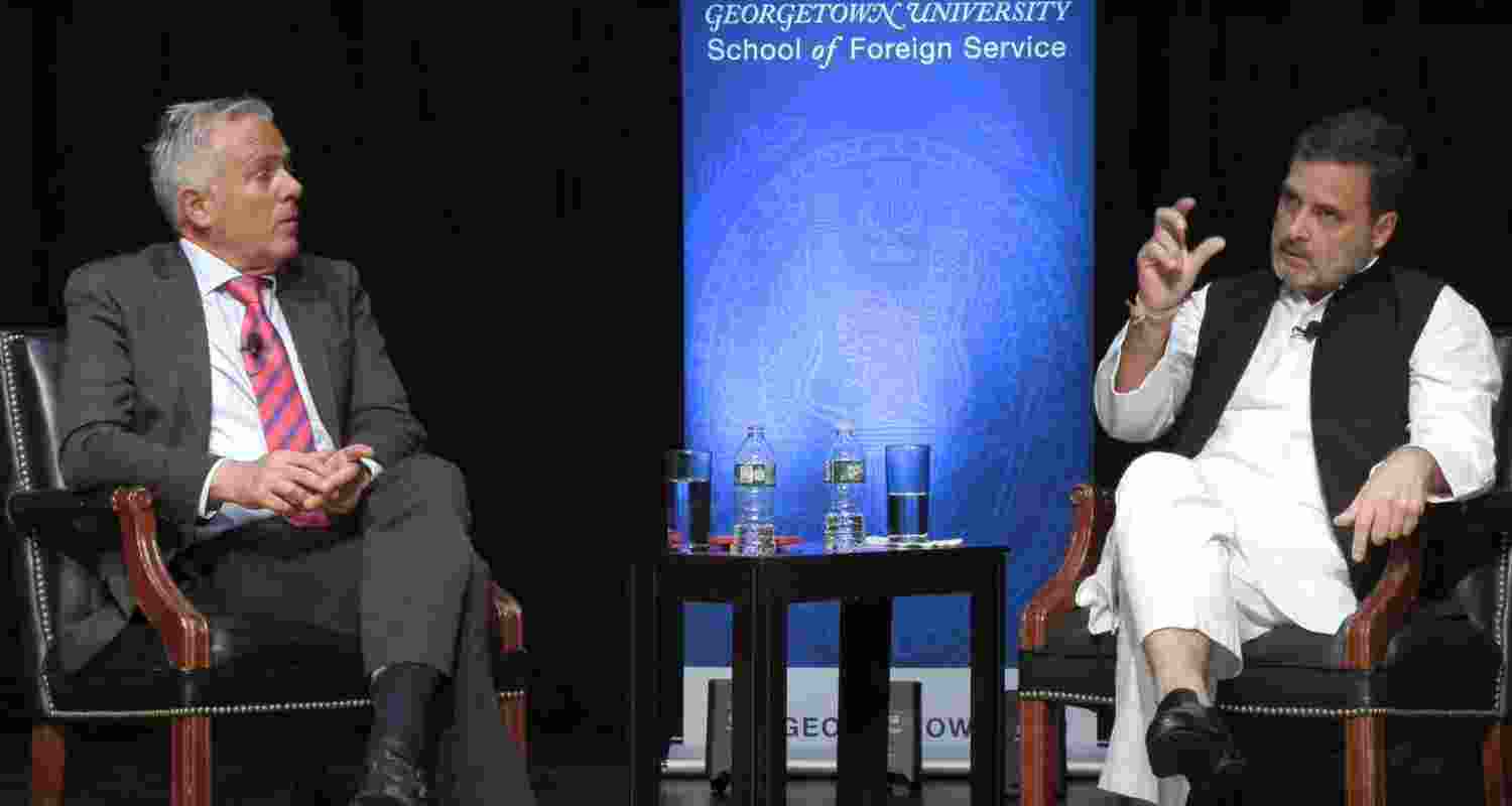 LoP in Lok Sabha and Congress MP Rahul Gandhi during an interaction with students at Georgetown University, Washington DC, USA. LoP in Lok Sabha and Congress MP Rahul Gandhi during an interaction with students at Georgetown University, Washington DC, USA.