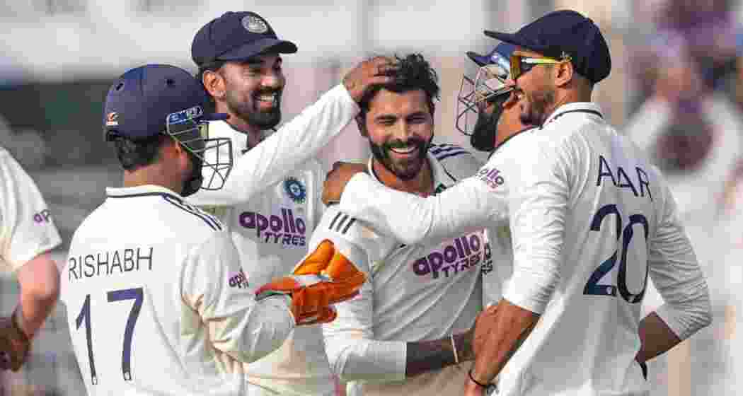 India’s Ravindra Jadeja with teammates celebrates the wicket of South Africa’s Aiden Markram on day two of the first Test cricket match of a series between India and South Africa, at the Eden Gardens, in Kolkata, on Saturday. India’s Ravindra Jadeja with teammates celebrates the wicket of South Africa’s Aiden Markram on day two of the first Test cricket match of a series between India and South Africa, at the Eden Gardens, in Kolkata, on Saturday.