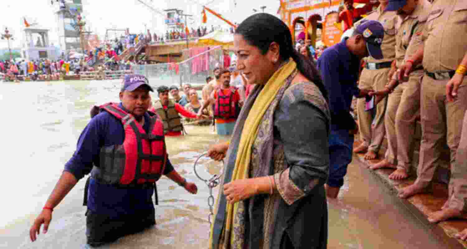 Delhi chief minister Rekha Gupta takes a holy dip in the Ganga river at Har Ki Pauri, in Haridwar. Delhi chief minister Rekha Gupta takes a holy dip in the Ganga river at Har Ki Pauri, in Haridwar.