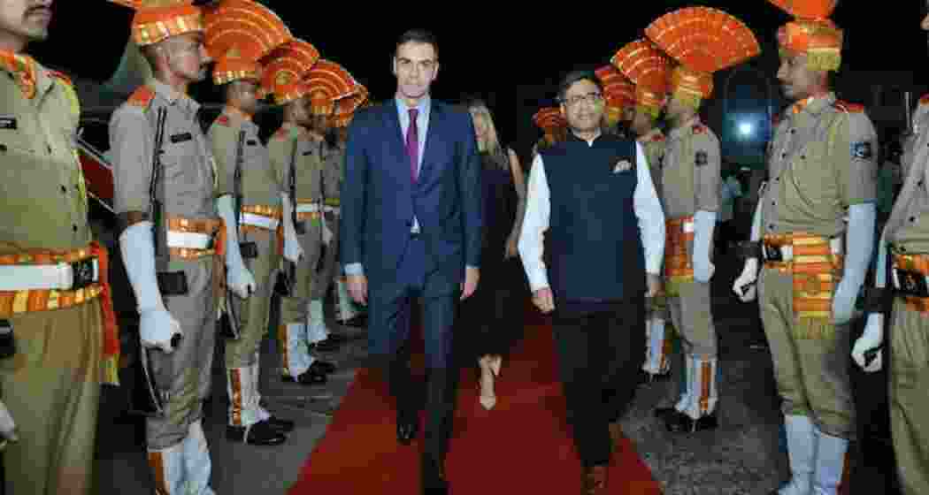 Spanish Prime Minister Pedro Sanchez and Foreign Secretary Vikram Misri in Gujarat's Vadodara early on Monday. Spanish Prime Minister Pedro Sanchez and Foreign Secretary Vikram Misri in Gujarat's Vadodara early on Monday.