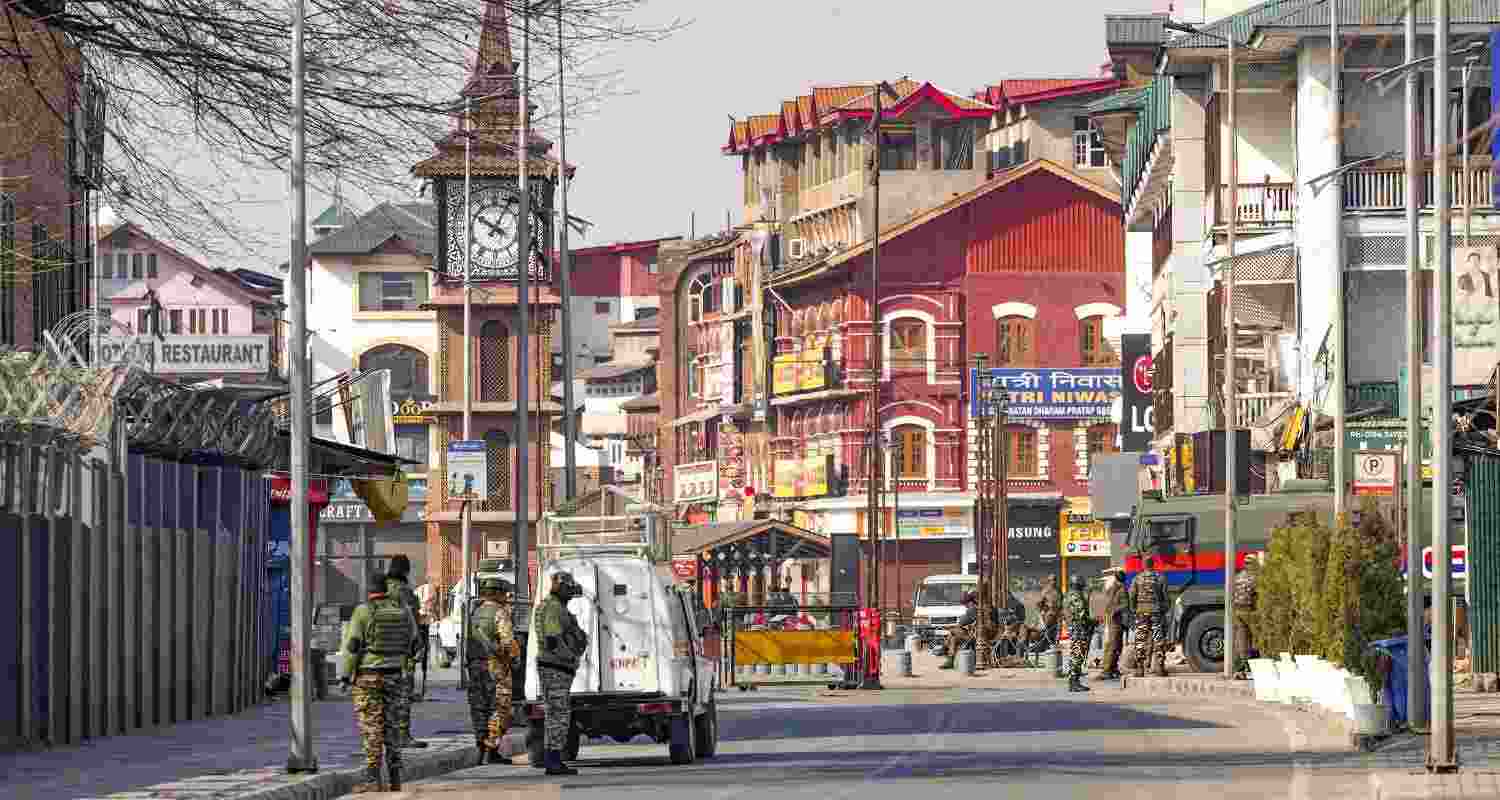 Security personnel stand guard in Srinagar amid heightened security following the reported killing of Iran’s Supreme Leader Ali Khamenei in a US–Israel strike. Security personnel stand guard in Srinagar amid heightened security following the reported killing of Iran’s Supreme Leader Ali Khamenei in a US–Israel strike.