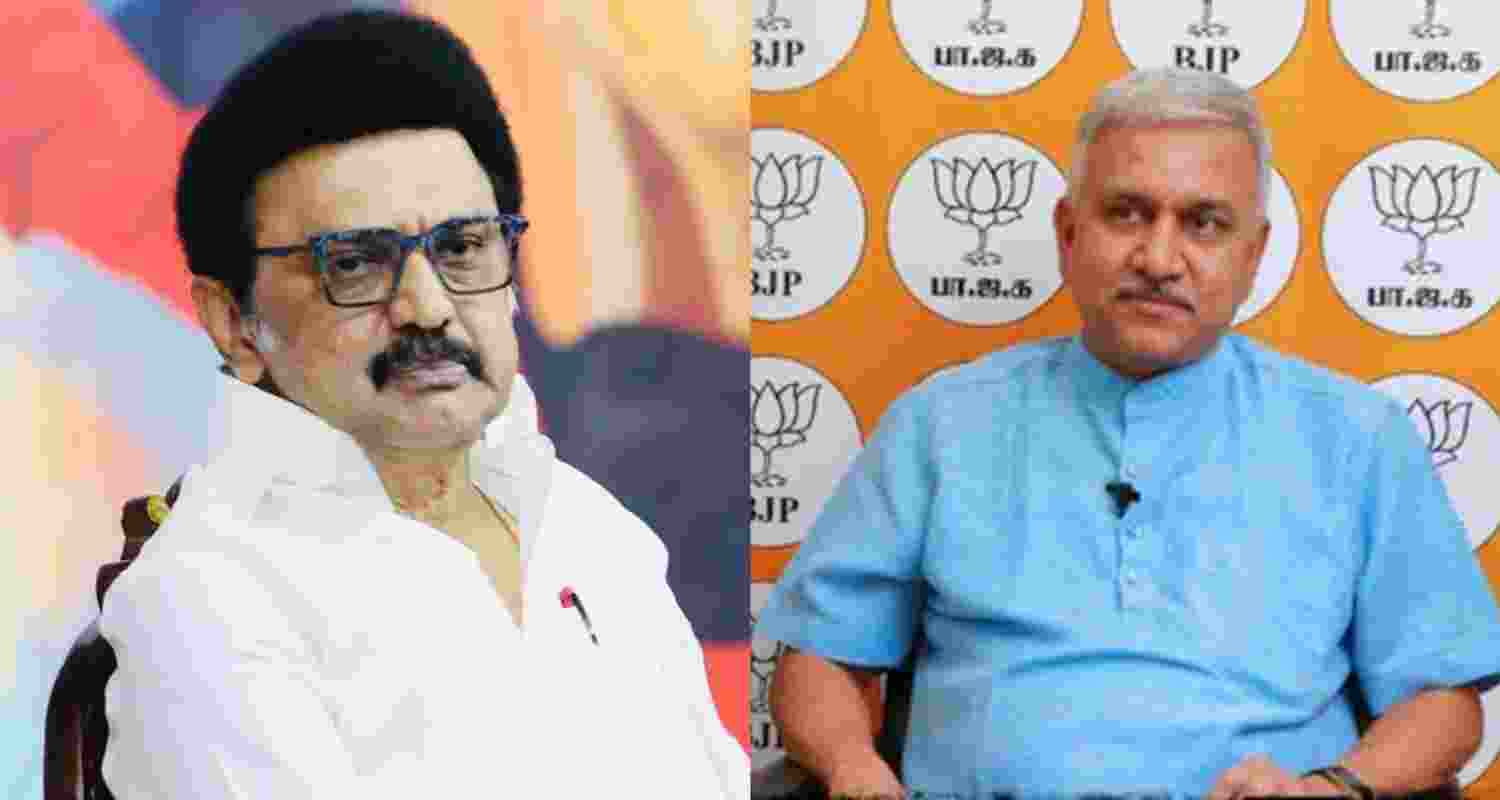 Tamil Nadu Chief Minister MK Stalin (left) and Chief spokesperson of the Tamil Nadu BJP Narayanan Thirupathy. Tamil Nadu Chief Minister MK Stalin (left) and Chief spokesperson of the Tamil Nadu BJP Narayanan Thirupathy.