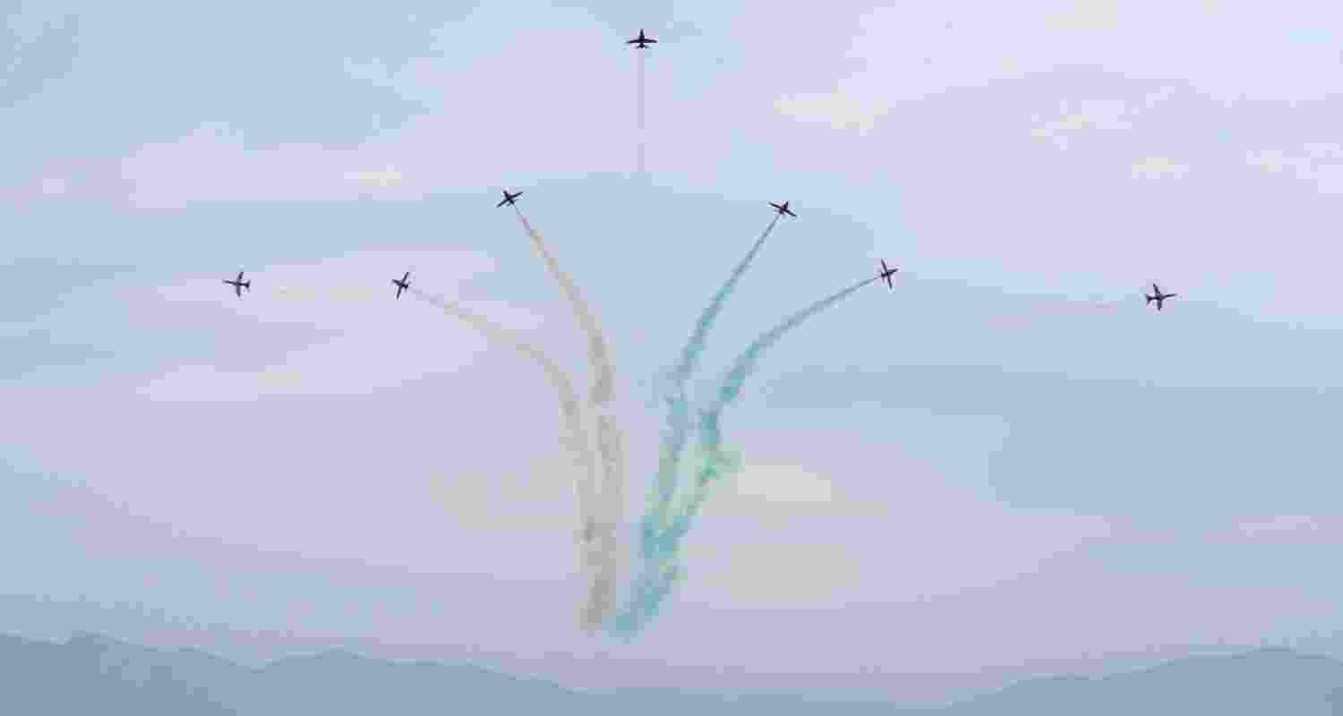 Surya Kiran Aerobatic Team performs a stunning aerial display over Sukhna Lake in Chandigarh on Friday. Surya Kiran Aerobatic Team performs a stunning aerial display over Sukhna Lake in Chandigarh on Friday.