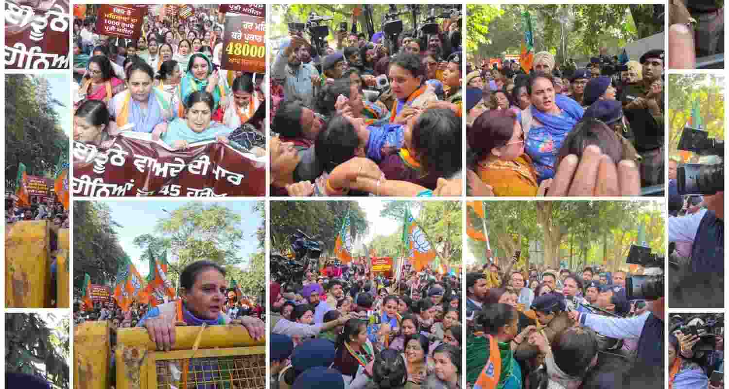The Punjab BJP Mahila Morcha stages a protest against the AAP government on Saturday. The Punjab BJP Mahila Morcha stages a protest against the AAP government on Saturday.