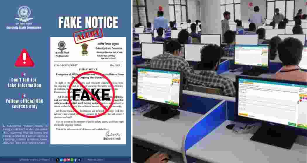 The UGC issued a warning against a fake notice circulating on social media, falsely claiming exam cancellations due to the ongoing conflict. Students are advised to follow official UGC channels for updates. The UGC issued a warning against a fake notice circulating on social media, falsely claiming exam cancellations due to the ongoing conflict. Students are advised to follow official UGC channels for updates.
