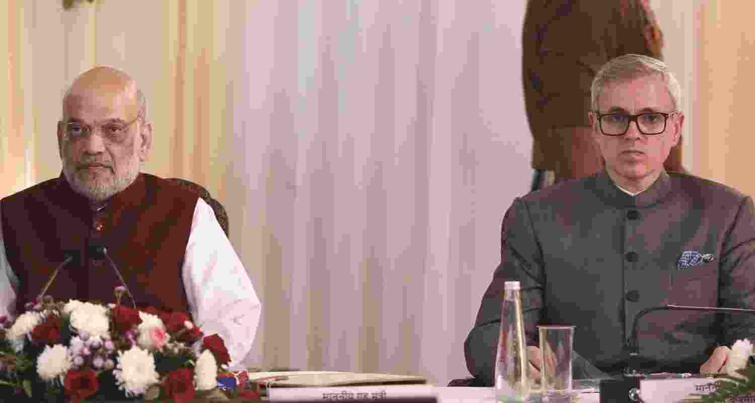 Union Home Minister Amit Shah with Jammu & Kashmir Chief Minister Omar Abdullah chairs a review meeting on major development projects at Lok Bhawan during his two-day visit focusing on infrastructure and security progress in Jammu and Kashmir on Saturday. Union Home Minister Amit Shah with Jammu & Kashmir Chief Minister Omar Abdullah chairs a review meeting on major development projects at Lok Bhawan during his two-day visit focusing on infrastructure and security progress in Jammu and Kashmir on Saturday.