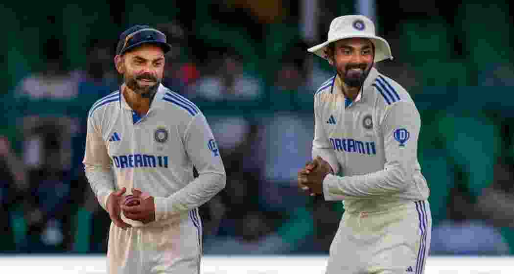 India's Virat Kohli and KL Rahul during the fourth day of the 2nd Test cricket match between India and Bangladesh, at the Green Park stadium, Kanpur, Monday, Sept. 30, 2024. India's Virat Kohli and KL Rahul during the fourth day of the 2nd Test cricket match between India and Bangladesh, at the Green Park stadium, Kanpur, Monday, Sept. 30, 2024.