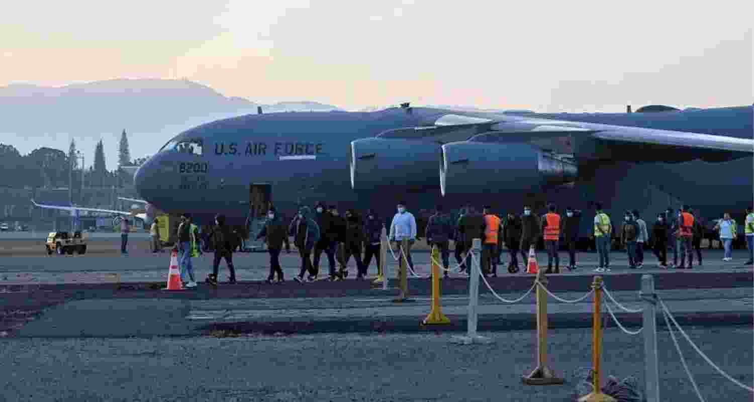 US military aircraft carrying Indian deportees that landed at the Shri Guru Ramdas Ji International Airport, in Amritsar, on Wednesday. Image: X US military aircraft carrying Indian deportees that landed at the Shri Guru Ramdas Ji International Airport, in Amritsar, on Wednesday. Image: X